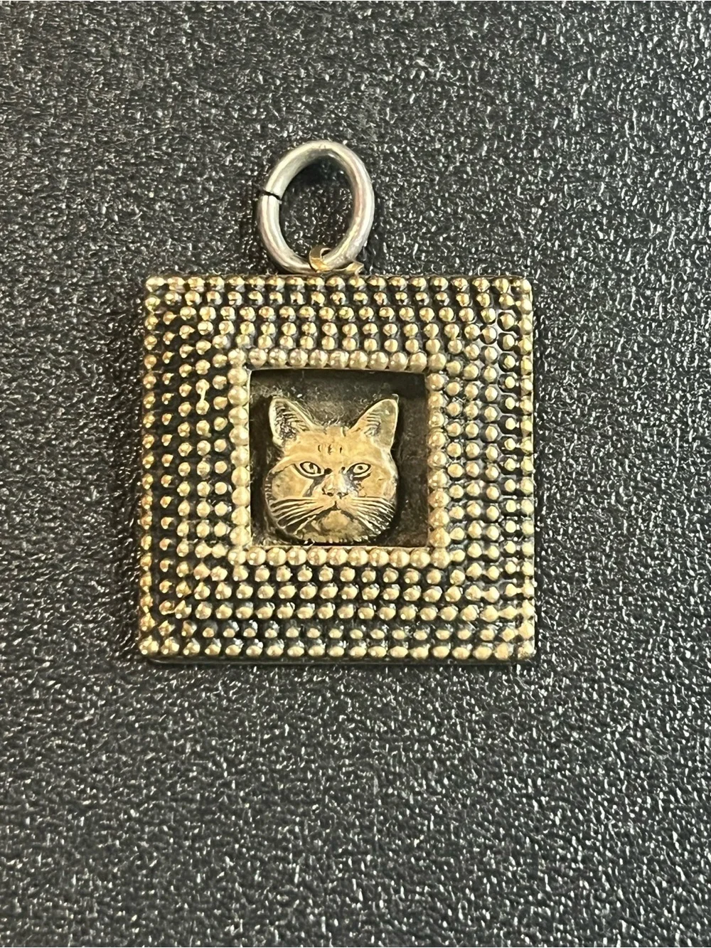 Sandy Comstock Sterling and brass kitty framed face pendant. 1980’s. Cat animal